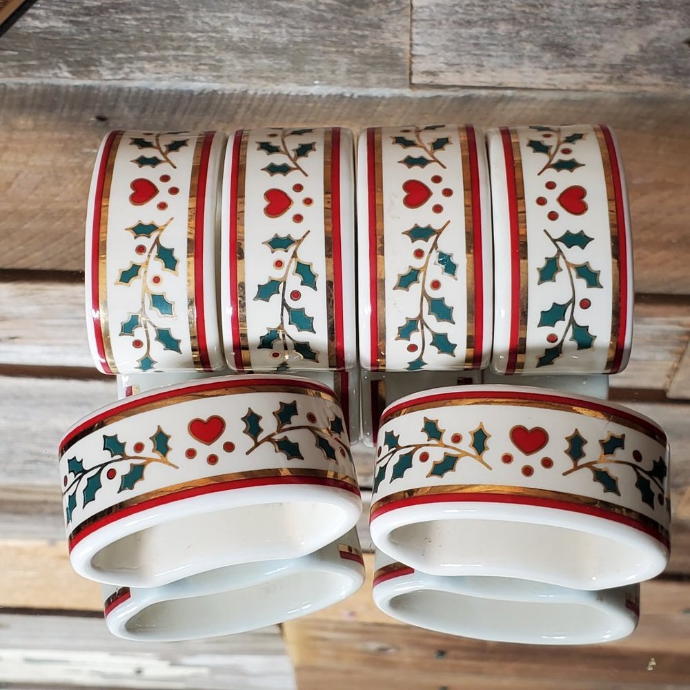 Porcelain Christmas Napkin Rings by Crowning Touch - Hearts, Holly, 24K Gold